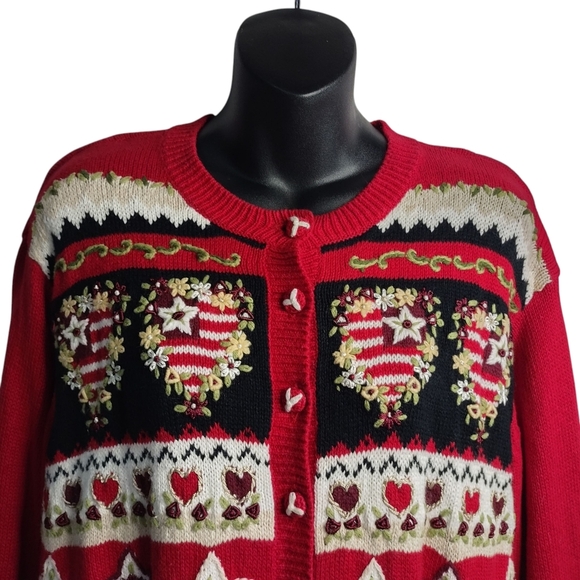 Vtg Heirloom Collectibles Cardigan Sweater Red Cotton Blend Embroider Flags Sz L - Picture 3 of 7